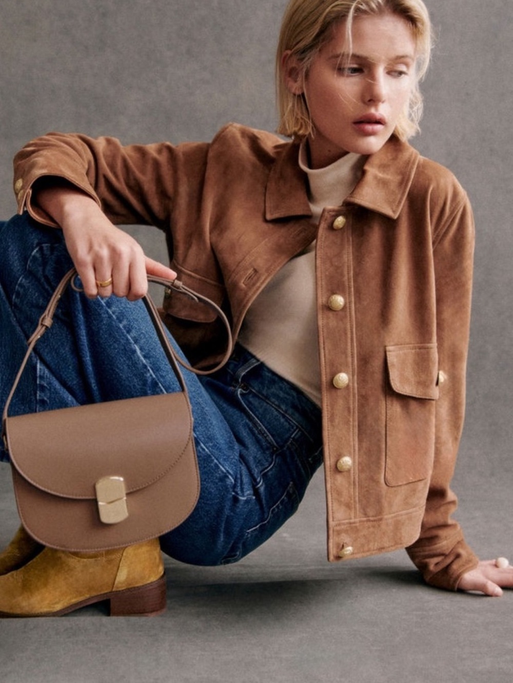 Sézane Terry Suede Camel Button Goat Leather Jacket